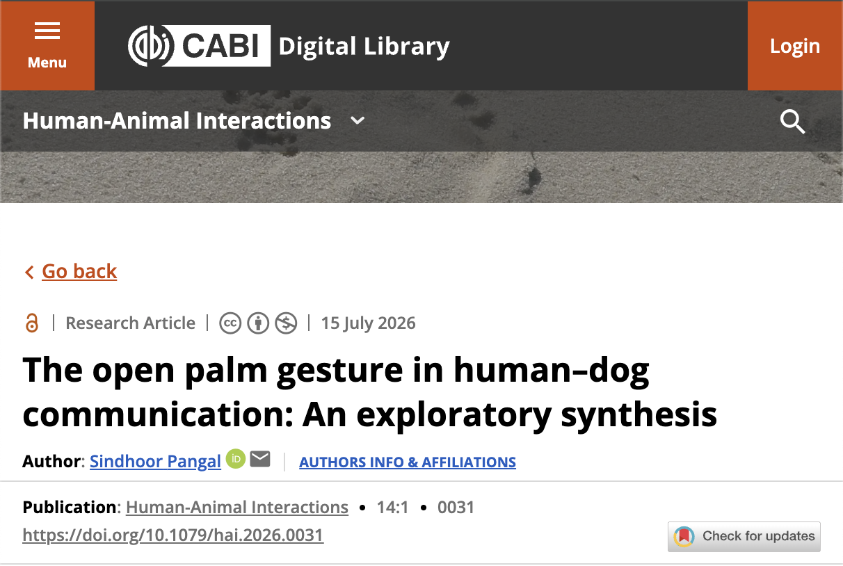 Cover of the published paper: The Open Palm Gesture in Human–Dog Communication: An Exploratory Synthesis, Human-Animal Interactions journal